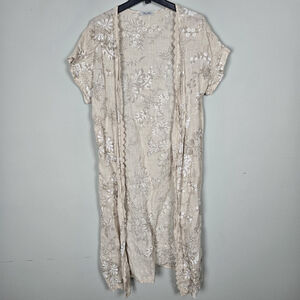 Elena Baldi Womens Floral Linen Open Duster O/S Beige Crochet Beachy Lagenlook